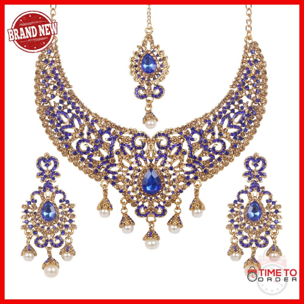 Gold Statement Necklace Set With Rhinestones & Pe… - image 1